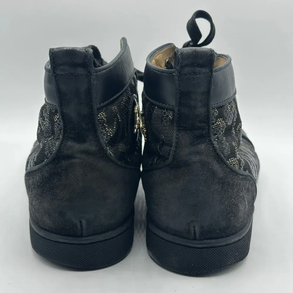 CHRISTIAN LOUBOUTIN Louis High Pik Jacquard Sneaker Black Gold Spike Sz 44/11